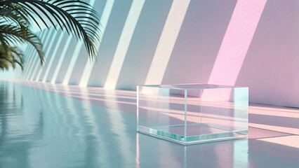 Modern office building in city with blue sky and digital futuristic design pattern