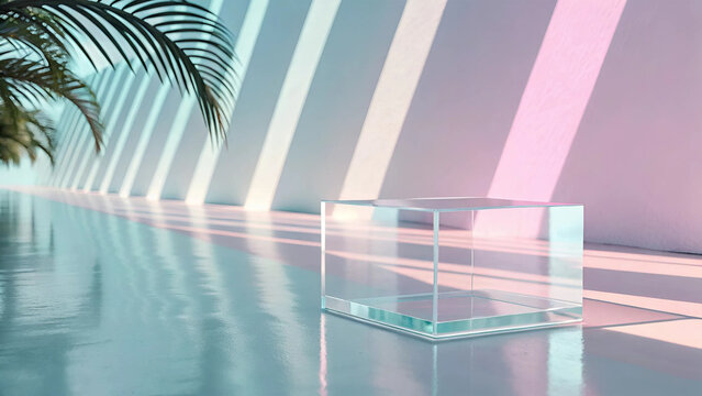 Modern office building in city with blue sky and digital futuristic design pattern