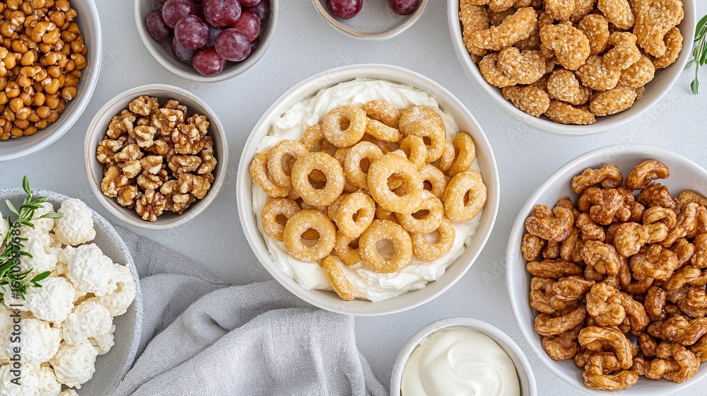 Poster various snacks are arranged in white bowls on a neutral surface creating an inviting and delicious s