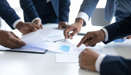 Business people collaborating on documents and analyzing data together