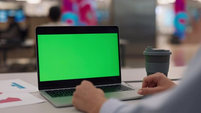 Businesswoman works on laptop with green screen sitting at office desk closeup. Corporate employee uses modern computer with chromakey monitor at workplace. Business mockup