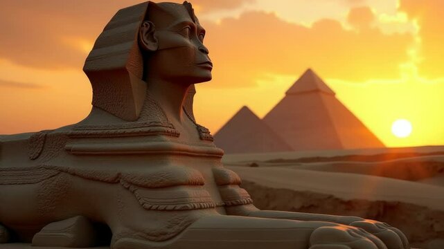 A statue of a sphinx stands guard in front of ancient Egyptian pyramids.