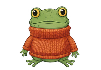 Isolated Green Frog in Orange Knit Sweater