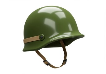 Naklejka premium Isolated green military helmet with adjustable strap on a white background