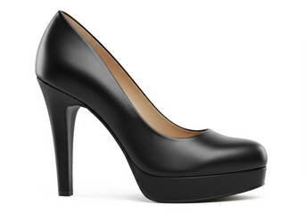 Obraz premium Elegant black leather pump with high heel on white background
