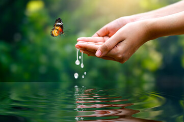 Environment Water Hands. Hands Holding Water Drops with Butterfly in Nature  Symbol of Peace and Harmony Gentle Hands Catching Water Droplets with Butterfly Nature Care and Tranquility
