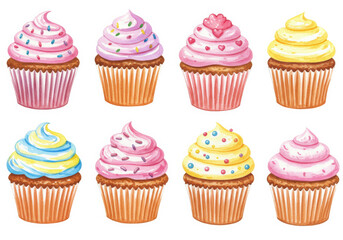 Collection of colorful cupcakes isolated on white background