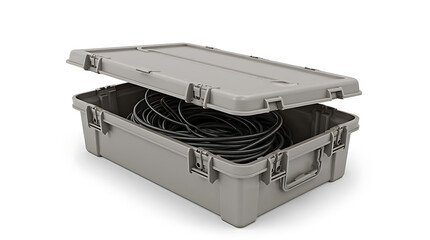 Gray plastic storage box with coiled cables inside, open view  