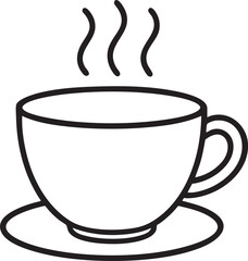 Simple Black and White Line Art Illustration of a Steaming Hot Cup of Coffee on a Saucer