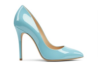 Elegant light blue high heel shoe with a glossy finish on a white background