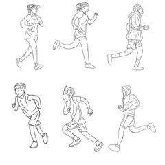 Six People Running Black and White Line Art Illustration