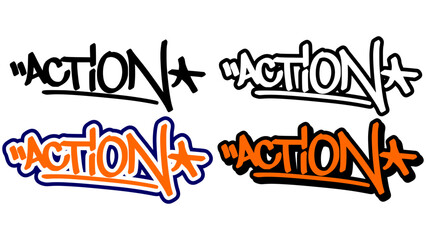 Graffiti tag vector of the word “ACTION” in bold street style with orange, black, and white. Includes 4 visual variations. Perfect for hip hop designs, stickers, and print media.