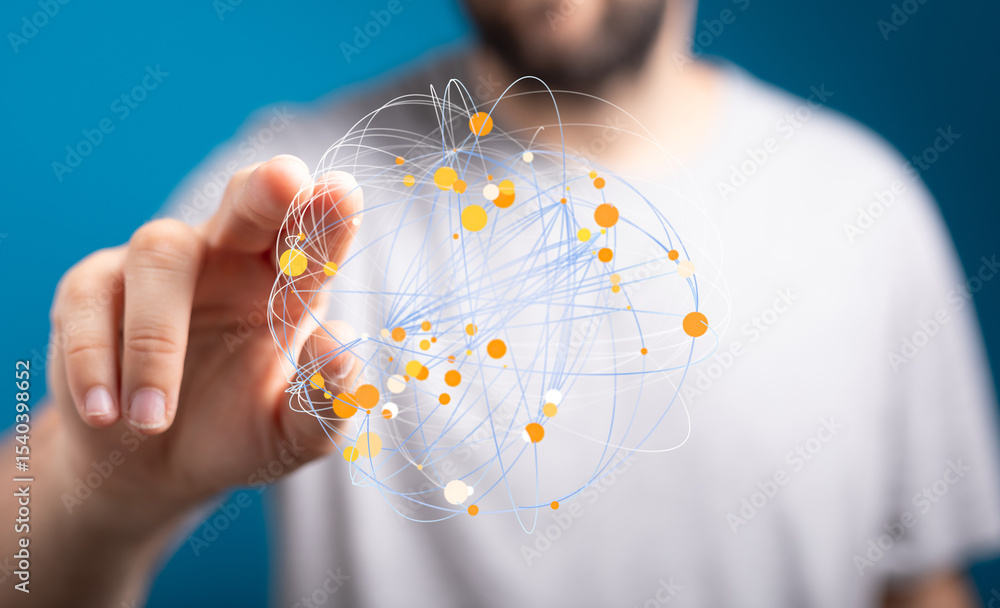 Poster Stock photo of a person interacting with a digital network graphic, representing connection and data visualization.