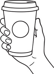 Line Art Illustration of Hand Holding a Coffee Cup with Lid and Circle Logo Space simple