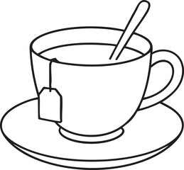 Simple Line Drawing of Tea Cup with Tea Bag and Spoon on a Saucer Isolated black