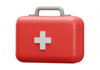 Red first aid kit with white cross on white background, emergency medical supplies