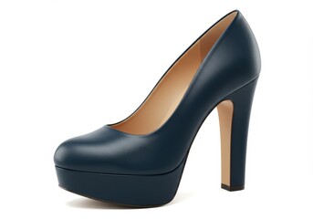 Isolated navy blue leather high heel platform shoe on white background