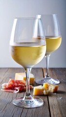 Naklejka premium Two elegant wine glasses filled with white wine are placed on a rustic wooden table alongside assorted cheese and cured meat, creating a sophisticated dining experience