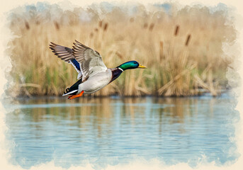 Obraz premium Mallard Duck in Flight Watercolor Painting