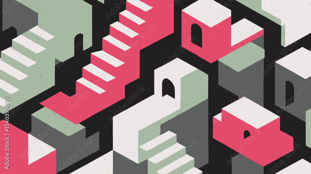 Poster abstract isometric structures present stairways in creative architectural visualization with grain