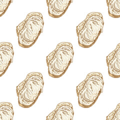 Obraz premium Hand drawn vintage seamless pattern of buttered toast with creamy spread, beige color, isolated vector illustration