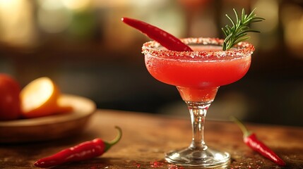 A red cocktail drink sits on a wooden bar, garnished with chili pepper and rosemary.