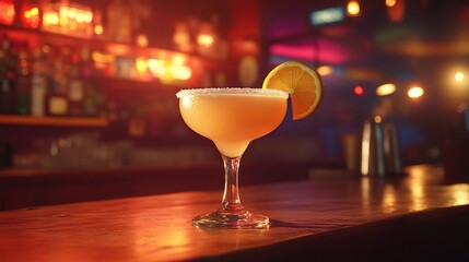 A cocktail sits on a wooden bar with an orange slice and sugar rim in front of blurred shelves and lights.