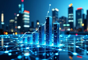 Futuristic Cityscape Digital Growth Bar Graph Network Technology Data Innovation