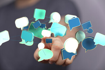 Abstract image of interconnected speech bubbles, symbolizing global communication and networking.