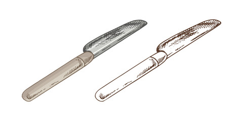 Hand drawn vintage set of butter spreading knives in color and monochrome, isolated vector illustration for kitchen use
