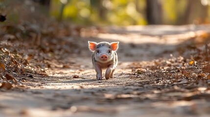 A small piglet trots along a dirt path covered with leaves in a sunlit forest. - high quality A small piglet trots along a dirt path covered with leav