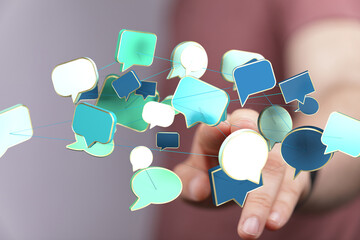 Abstract image of interconnected speech bubbles, symbolizing global communication and networking.