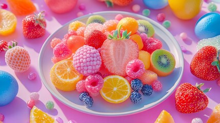 Assorted colorful fruits are arranged on a white plate with various pastel candies around them against a pink background.