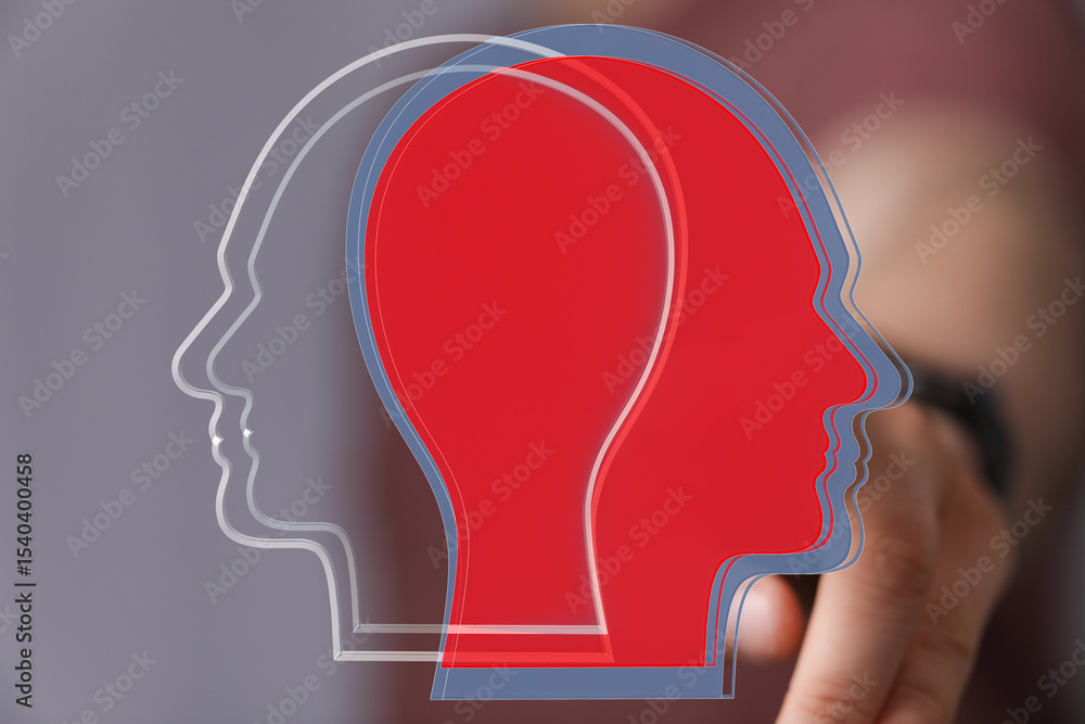 Poster abstract graphic of two head profiles, symbolizing diverse viewpoints and collaboration. ideal for t