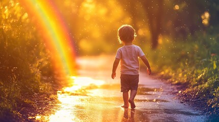 Barefoot child walks along a wet path toward a rainbow in a brightly lit outdoor scene.