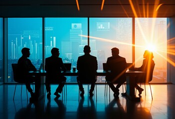 Business meeting silhouette in modern office with cityscape view at sunset, for presentation or website background