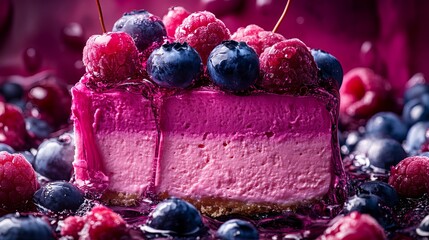 Berry cheesecake is sitting surrounded by raspberries and blueberries with a viscous pink liquid throughout!