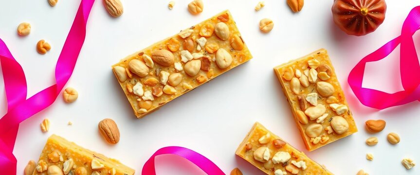 Overhead shot of peanut chikki bar on white background,  delicious,  dessert