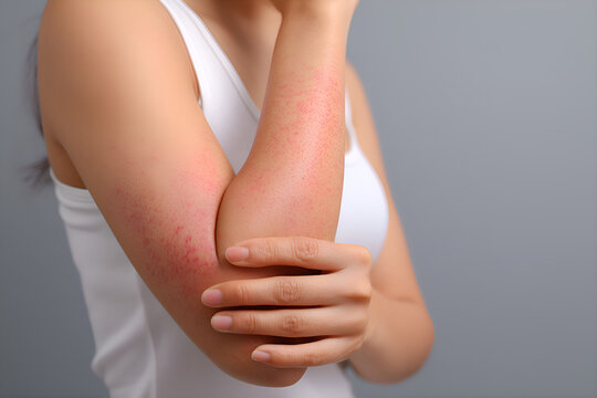 Woman holding itchy arm with rash, skin allergy and health problem