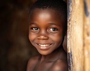 Portrait of a smiling African boy looking at the camera, with detailed skin texture and hair in a village house. The background has ample copy space. This is a close-up portrait, 