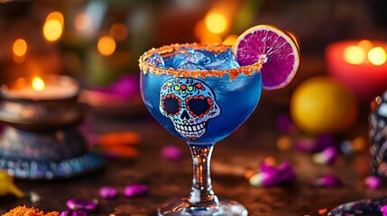 Blue margarita with sugar skull decoration is garnished with orange slice and sitting on wooden surface with candles and petals.