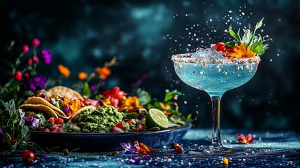 Blue margarita cocktail with salt rim is decorated with orange flowers and served with vibrant tacos on a dark blue surface.