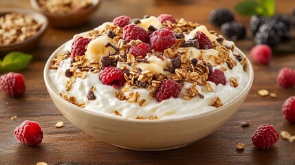 Bowl of yogurt is topped with granola, raspberries, chocolate chips, and banana slices on a wooden surface.