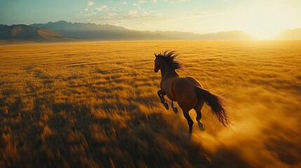 Brown horse gallops through sunlit grassland with mountains visible on the distant horizon.