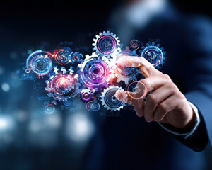 Experience the intersection of technology and creativity as a hand touches a holographic display of gears, symbolizing the future of innovation and digital transformation.