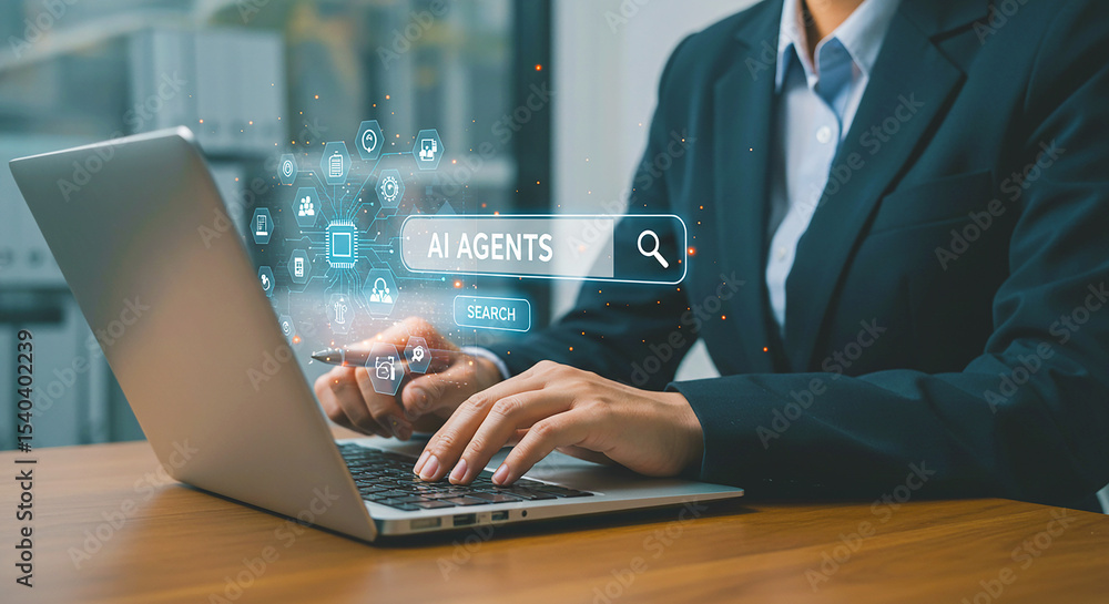 Poster person searching for ai agents on a laptop with digital icons floating around the search bar