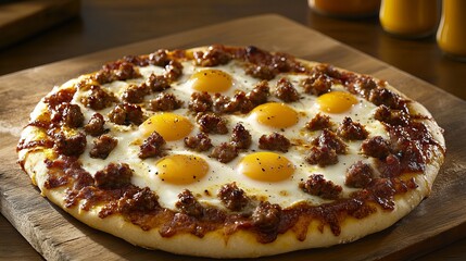 Breakfast pizza displays fried eggs and sausage on a wooden serving board, showcasing a delicious and savory meal.