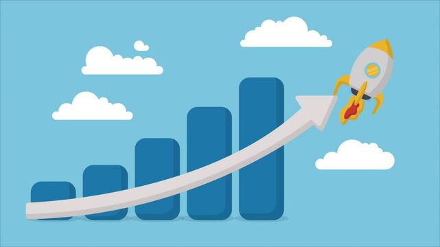 business graph with arrow and graph | Animated business sales or profit increase concept, financial report graph with exponential arrow from flying rocket.