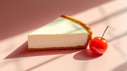 Cheesecake slice rests near a glossy red cherry on a pale pink surface with geometric shadow patterns.