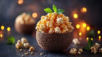 Caramel popcorn is served in a brown bowl with fresh mint leaves on a dark surface with blurred lights.